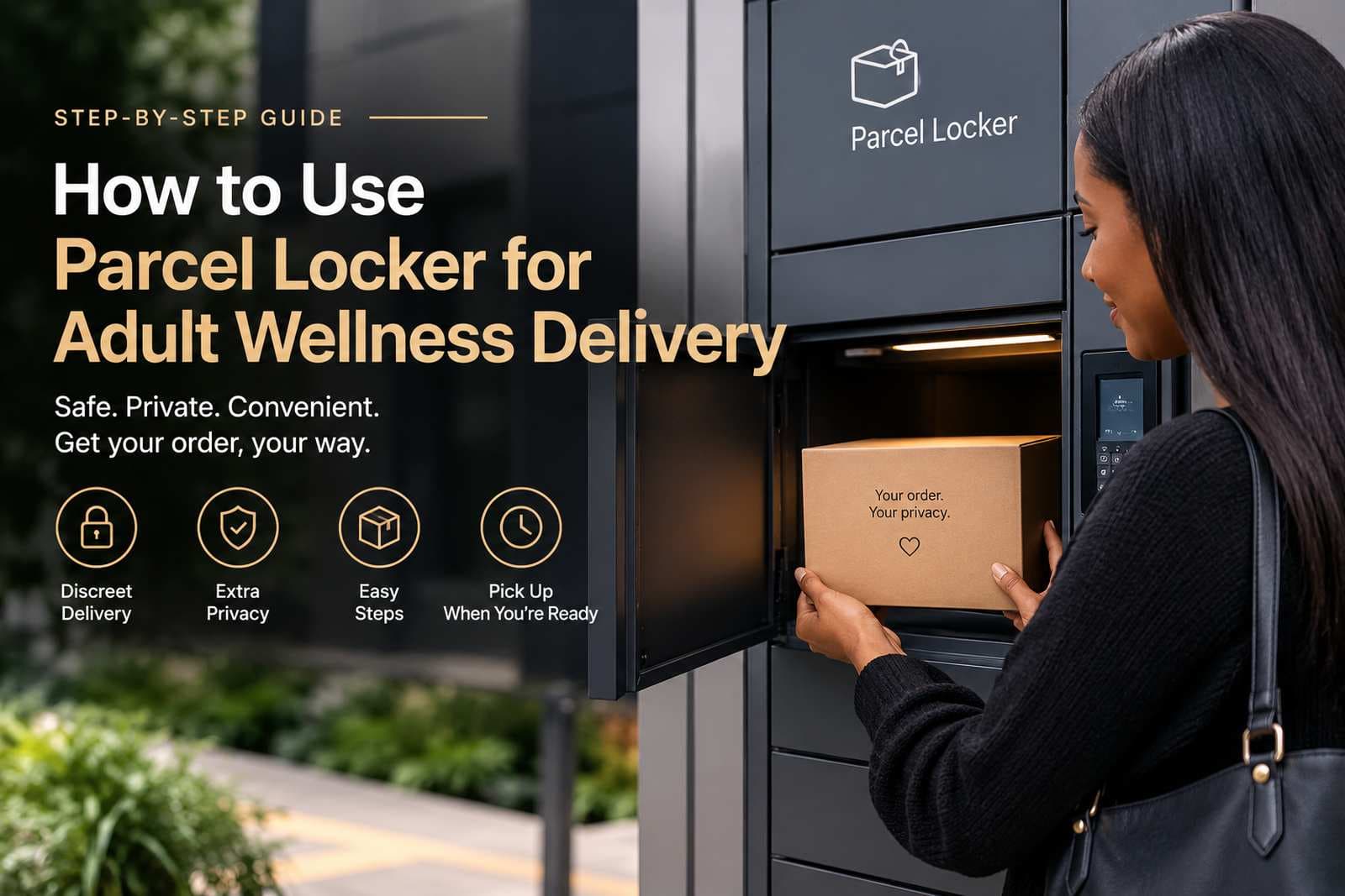 Person privately collecting an online parcel from a modern parcel locker